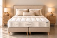 NORDIC premium upholstered boxspring bed with pocket spring base and matching beige headboard, available in XXL sizes up to 210 NORDIC premium upholstered boxspring bed with pocket spring base and matching beige headboard, available in XXL sizes up to 210