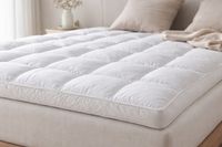 Luxury down mattress topper with quilted cotton cover on upholstered bed Luxury down mattress topper with quilted cotton cover on upholstered bed