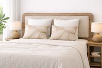 PRIME wooden headboard with rounded oak frame and upholstered panel in a bright contemporary bedroom.