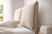 SIENA upholstered headboard in natural linen styled in a bright Mediterranean bedroom with white bedding. SIENA upholstered headboard in natural linen styled in a bright Mediterranean bedroom with white bedding.