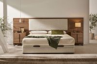 LIMIT SOFT wooden headboard with upholstered central panel combining natural wood and fabric. LIMIT SOFT wooden headboard with upholstered central panel combining natural wood and fabric.