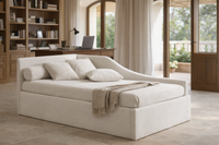 Stauraumbett JUNO (Nestbett) in hellem Stoff in einem eleganten Homeoffice. Stauraumbett JUNO (Nestbett) in hellem Stoff in einem eleganten Homeoffice.