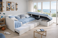 JUNO Stauraumbett und NIDO Schlafsofa als Ecklösung mit zusätzlichem Stauraum und Ausziehbett. JUNO Stauraumbett und NIDO Schlafsofa als Ecklösung mit zusätzlichem Stauraum und Ausziehbett.