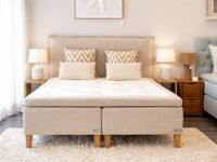 Swedish boxspring bed PRINCESS with upholstered headboard, minimalist design and balanced sleep comfort. Swedish boxspring bed PRINCESS with upholstered headboard, minimalist design and balanced sleep comfort.