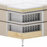Detalj av konstruktionen i den svenska boxspring-sängen NOBEL med dubbelt fickfjädersystem och stomme i massivt trä.